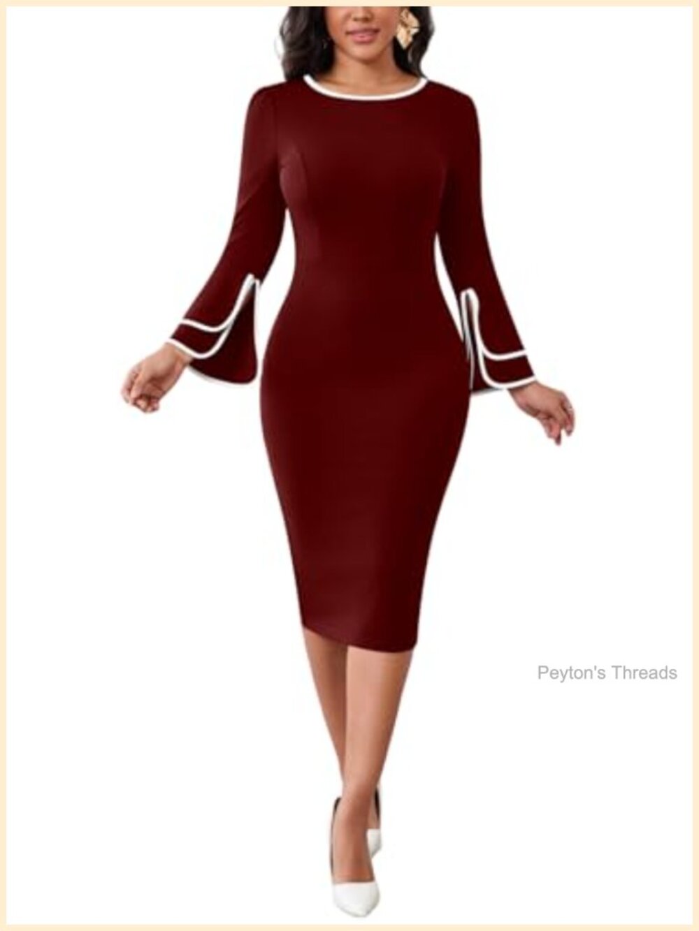 Women's Bell Long Sleeve Bodycon Midi Dress Crew Neck Work Cocktail Party